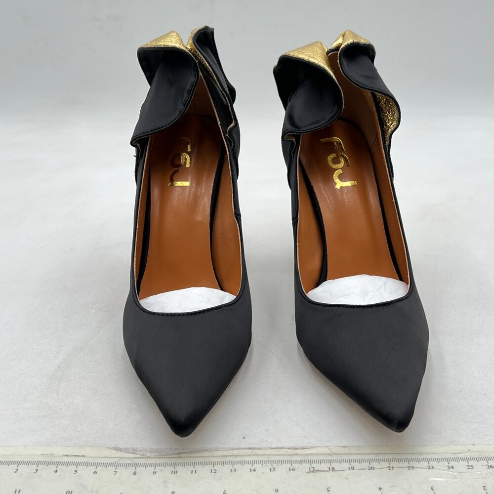 FSJ Black Graceful Satin Pumps Pointed Toe Crystal Block High Heel Slip On Shoes - Picture 3 of 8